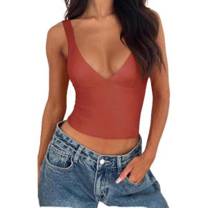 imageREORIA Womens Summer Sexy Deep V Neck Sleeveless Slim Fit Trendy Y2k Corset Cami Crop Tank TopsRusty Red