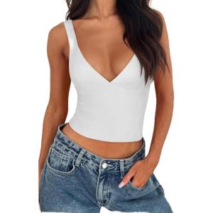imageREORIA Womens Summer Sexy Deep V Neck Sleeveless Slim Fit Trendy Y2k Corset Cami Crop Tank TopsWhite