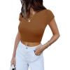 imageREORIA Butsmooth Womens Basic Cute Short Sleeve High Neck Double Lined Tight T Shirts Crop Tops TeesBrown