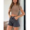 imageREORIA Butsmooth Womens Basic Cute Short Sleeve High Neck Double Lined Tight T Shirts Crop Tops TeesKhaki