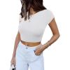 imageREORIA Butsmooth Womens Basic Cute Short Sleeve High Neck Double Lined Tight T Shirts Crop Tops TeesWhite