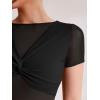 imageREORIA Women Crew Neck Twist Knot Front Short Sleeve Shirts Sexy Sheer Mesh Crop Tops 2025 SpringSummer Designer CollectionJet Black
