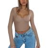 imageREORIA Womens Basic Sexy V Neck Long Sleeve Slim Fitted Cropped T Shirts Fall Fashion Going Out Crop TopsKhaki
