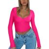 imageREORIA Womens Basic Sexy V Neck Long Sleeve Slim Fitted Cropped T Shirts Fall Fashion Going Out Crop TopsNeon Rose Red