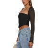 imageREORIA Womens Sexy Mesh Long Sleeve Boned Corset Top Trendy Y2K Square Neck Going Out Bustier Crop TopsBlack