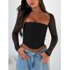 imageREORIA Womens Sexy Mesh Long Sleeve Boned Corset Top Trendy Y2K Square Neck Going Out Bustier Crop TopsBlack