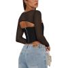 imageREORIA Womens Sexy Mesh Long Sleeve Boned Corset Top Trendy Y2K Square Neck Going Out Bustier Crop TopsBlack