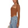 imageREORIA Womens Sexy Mesh Long Sleeve Boned Corset Top Trendy Y2K Square Neck Going Out Bustier Crop TopsBrown