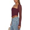 imageREORIA Womens Sexy Mesh Long Sleeve Boned Corset Top Trendy Y2K Square Neck Going Out Bustier Crop TopsBurgundy