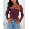 imageREORIA Womens Sexy Mesh Long Sleeve Boned Corset Top Trendy Y2K Square Neck Going Out Bustier Crop TopsBurgundy