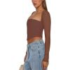 imageREORIA Womens Sexy Mesh Long Sleeve Boned Corset Top Trendy Y2K Square Neck Going Out Bustier Crop TopsCoffee