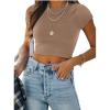 imageREORIA Butsmooth Womens Basic Cute Short Sleeve High Neck Double Lined Tight T Shirts Crop Tops TeesKhaki