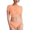 imageREORIA Women Crew Neck Twist Knot Front Short Sleeve Shirts Sexy Sheer Mesh Crop Tops 2025 SpringSummer Designer CollectionPeach Nectar