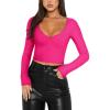 imageREORIA Womens Basic Sexy V Neck Long Sleeve Slim Fitted Cropped T Shirts Fall Fashion Going Out Crop TopsNeon Rose Red