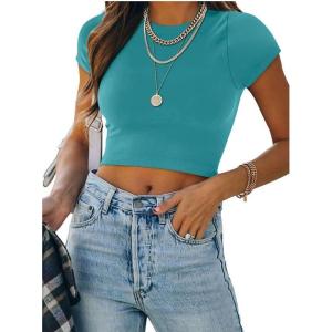 imageREORIA Butsmooth Womens Basic Cute Short Sleeve High Neck Double Lined Tight T Shirts Crop Tops TeesAcid Blue