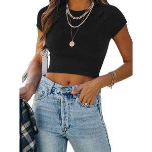 imageREORIA Butsmooth Womens Basic Cute Short Sleeve High Neck Double Lined Tight T Shirts Crop Tops TeesBlack