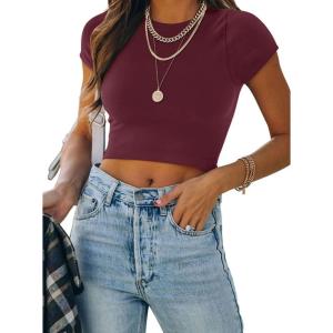 imageREORIA Butsmooth Womens Basic Cute Short Sleeve High Neck Double Lined Tight T Shirts Crop Tops TeesBurgundy