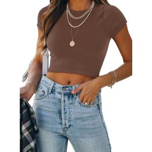 imageREORIA Butsmooth Womens Basic Cute Short Sleeve High Neck Double Lined Tight T Shirts Crop Tops TeesCoffee