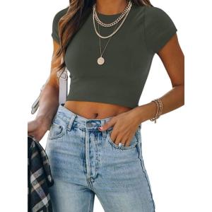imageREORIA Butsmooth Womens Basic Cute Short Sleeve High Neck Double Lined Tight T Shirts Crop Tops TeesGrey