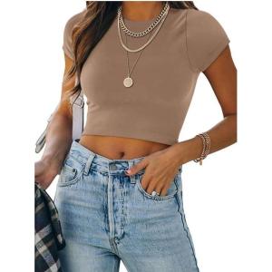 imageREORIA Butsmooth Womens Basic Cute Short Sleeve High Neck Double Lined Tight T Shirts Crop Tops TeesKhaki