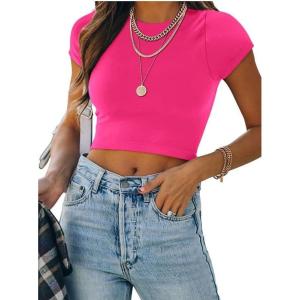 imageREORIA Butsmooth Womens Basic Cute Short Sleeve High Neck Double Lined Tight T Shirts Crop Tops TeesNeon Rose Red