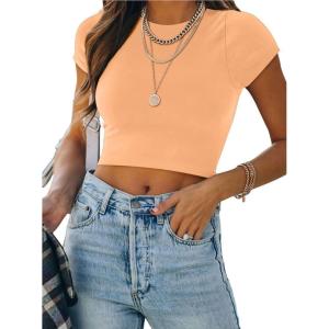 imageREORIA Butsmooth Womens Basic Cute Short Sleeve High Neck Double Lined Tight T Shirts Crop Tops TeesOrange Powder