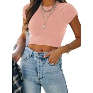 imageREORIA Butsmooth Womens Basic Cute Short Sleeve High Neck Double Lined Tight T Shirts Crop Tops TeesPink
