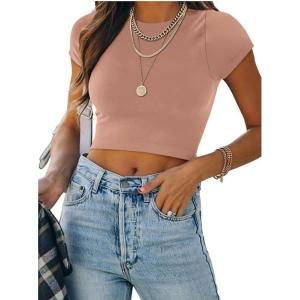 imageREORIA Butsmooth Womens Basic Cute Short Sleeve High Neck Double Lined Tight T Shirts Crop Tops TeesSienna
