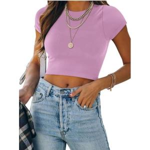 imageREORIA Butsmooth Womens Basic Cute Short Sleeve High Neck Double Lined Tight T Shirts Crop Tops TeesViolet