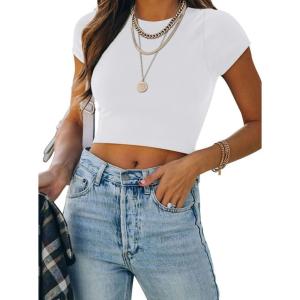 imageREORIA Butsmooth Womens Basic Cute Short Sleeve High Neck Double Lined Tight T Shirts Crop Tops TeesWhite