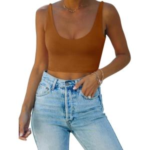 imageREORIA Butsmooth Womens Basic Sexy Deep Scoop Neck Double Lined Seamless Sleeveless Cropped Cami Tank Yoga Crop TopsBrown