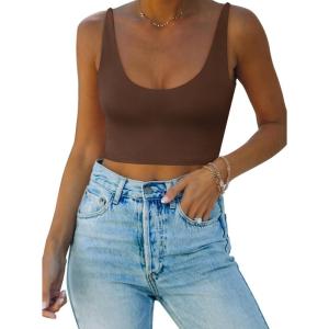 imageREORIA Butsmooth Womens Basic Sexy Deep Scoop Neck Double Lined Seamless Sleeveless Cropped Cami Tank Yoga Crop TopsCoffee