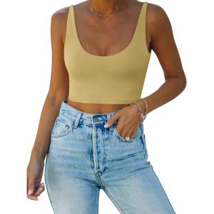 imageREORIA Butsmooth Womens Basic Sexy Deep Scoop Neck Double Lined Seamless Sleeveless Cropped Cami Tank Yoga Crop TopsHoneybee