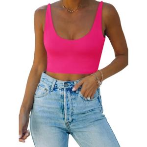 imageREORIA Butsmooth Womens Basic Sexy Deep Scoop Neck Double Lined Seamless Sleeveless Cropped Cami Tank Yoga Crop TopsNeon Rose Red