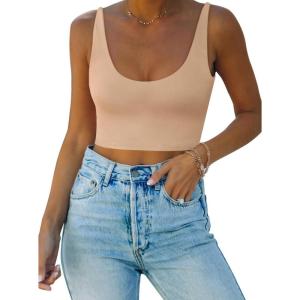 imageREORIA Butsmooth Womens Basic Sexy Deep Scoop Neck Double Lined Seamless Sleeveless Cropped Cami Tank Yoga Crop TopsNude