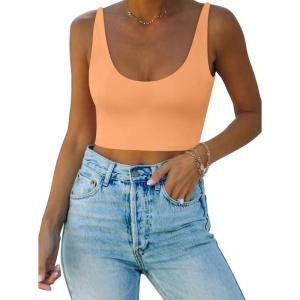 imageREORIA Butsmooth Womens Basic Sexy Deep Scoop Neck Double Lined Seamless Sleeveless Cropped Cami Tank Yoga Crop TopsOrange Powder