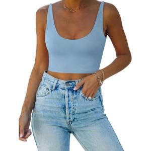 imageREORIA Butsmooth Womens Basic Sexy Deep Scoop Neck Double Lined Seamless Sleeveless Cropped Cami Tank Yoga Crop TopsSky Blue