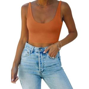imageREORIA Butsmooth Womens Basic Sexy Deep Scoop Neck Double Lined Seamless Sleeveless Cropped Cami Tank Yoga Crop TopsTopaz