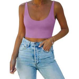 imageREORIA Butsmooth Womens Basic Sexy Deep Scoop Neck Double Lined Seamless Sleeveless Cropped Cami Tank Yoga Crop TopsViolet