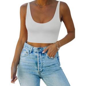 imageREORIA Butsmooth Womens Basic Sexy Deep Scoop Neck Double Lined Seamless Sleeveless Cropped Cami Tank Yoga Crop TopsWhite
