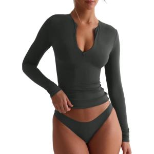 imageREORIA Double Lined Quarter Zip Sexy V Neck Long Sleeve Cropped Top Going Out Tops for Womens Fall Fashion 2025Grey Green