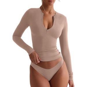 imageREORIA Double Lined Quarter Zip Sexy V Neck Long Sleeve Cropped Top Going Out Tops for Womens Fall Fashion 2025Latte