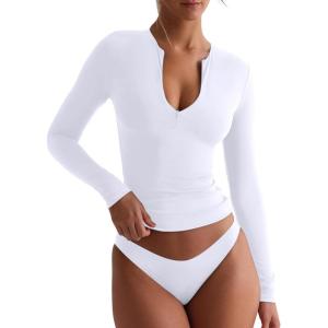 imageREORIA Double Lined Quarter Zip Sexy V Neck Long Sleeve Cropped Top Going Out Tops for Womens Fall Fashion 2025White