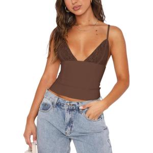 imageREORIA Lace Tops for Women Sexy V Neck Sleeveless Double Lined Going Out Tank Y2K Fashion Crop Top 2025 TrendyCoffee