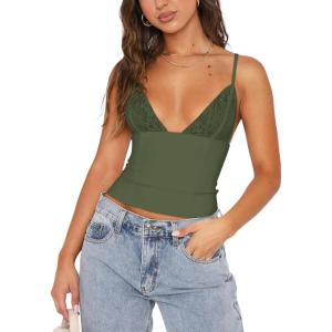 imageREORIA Lace Tops for Women Sexy V Neck Sleeveless Double Lined Going Out Tank Y2K Fashion Crop Top 2025 TrendyDeep Green