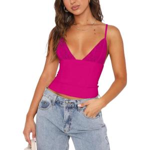 imageREORIA Lace Tops for Women Sexy V Neck Sleeveless Double Lined Going Out Tank Y2K Fashion Crop Top 2025 TrendyNeon Rose Red