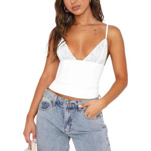 imageREORIA Lace Tops for Women Sexy V Neck Sleeveless Double Lined Going Out Tank Y2K Fashion Crop Top 2025 TrendyWhite