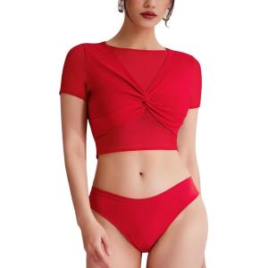 imageREORIA Women Crew Neck Twist Knot Front Short Sleeve Shirts Sexy Sheer Mesh Crop Tops 2025 SpringSummer Designer CollectionGoji Berry
