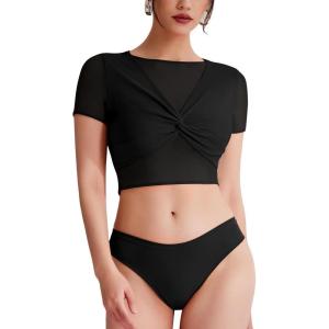 imageREORIA Women Crew Neck Twist Knot Front Short Sleeve Shirts Sexy Sheer Mesh Crop Tops 2025 SpringSummer Designer CollectionJet Black