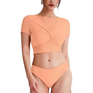 imageREORIA Women Crew Neck Twist Knot Front Short Sleeve Shirts Sexy Sheer Mesh Crop Tops 2025 SpringSummer Designer CollectionPeach Nectar